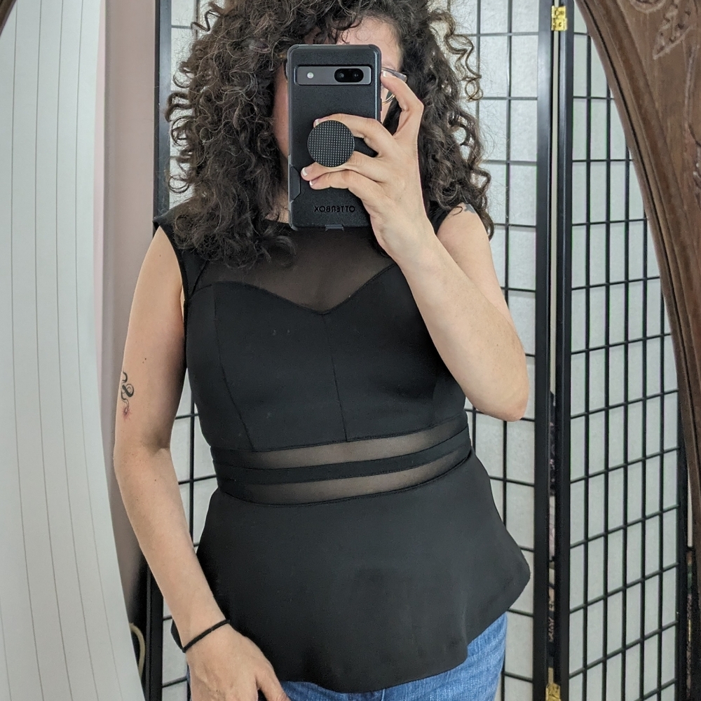 GUESS illusion Mesh cutout peplum black blouse top Small, zip up back